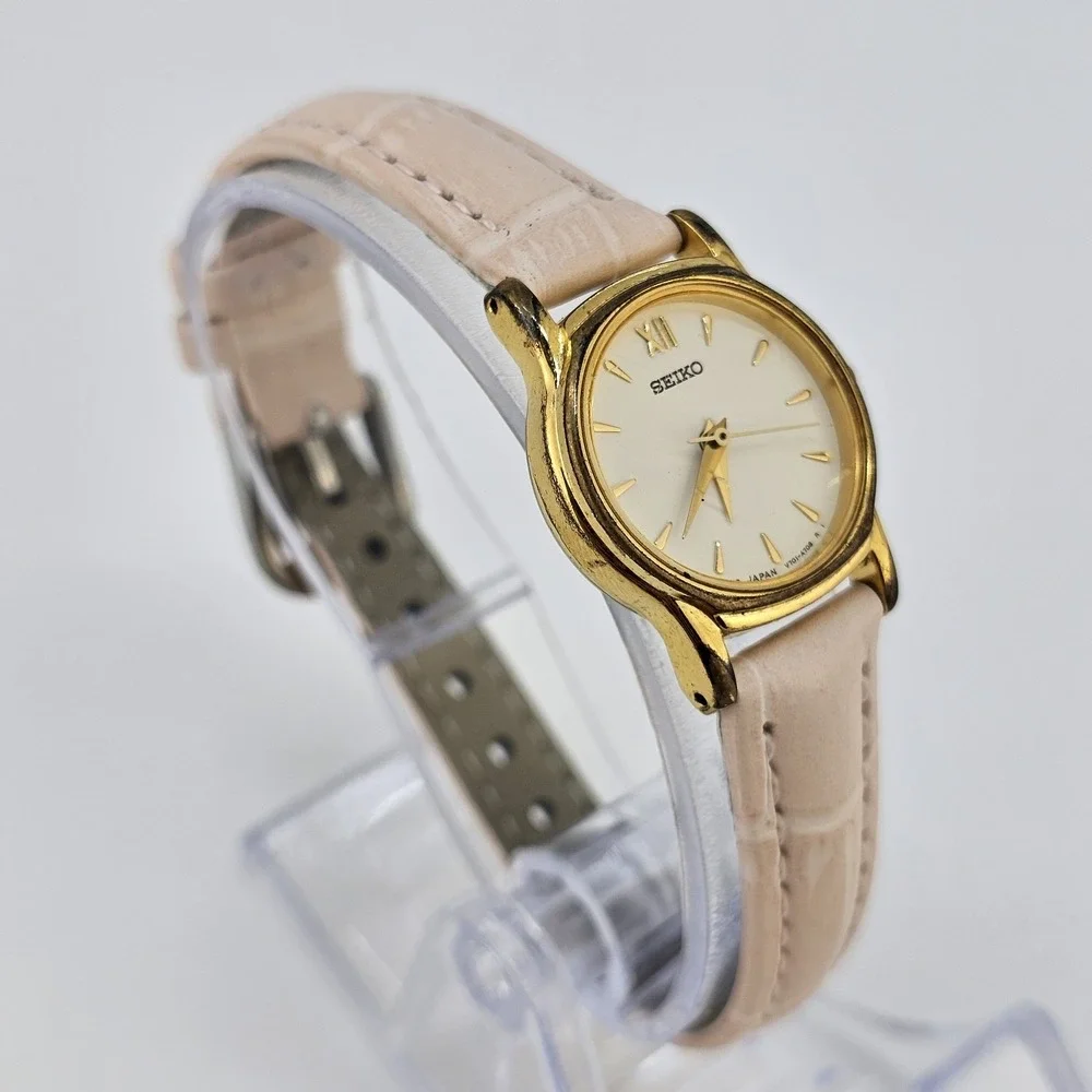VTG Seiko Women Watch 22MM Cream Dial NEW Pink Leather Bands Battery Up to‎ 6.5